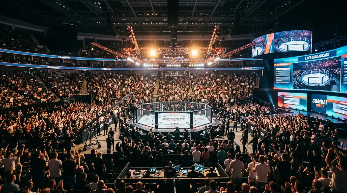 Octogono de UFC iluminado durante una velada de artes marciales mixtas